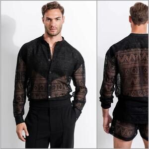 ORTTU Men's Large Emanuel Shirt Black Mesh Lace long sleeve